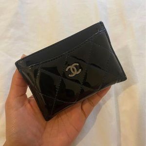 Chanel Classic Black Blue Patent Quilted Card Holder